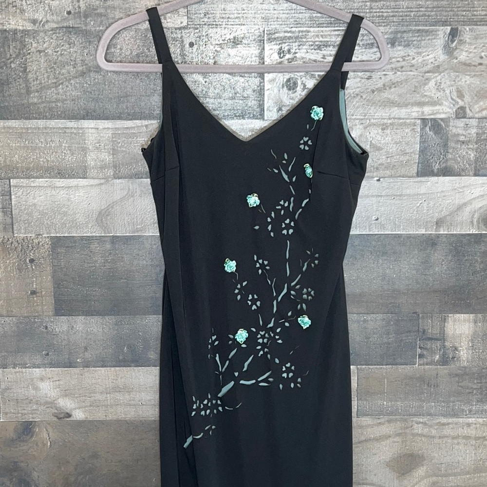 Betsy &Adam Black with Green Flowers Formal Maxi Dress